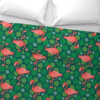 Pink Flamingoes ExoticTropical Birds Floral Monstera Hibiscus in Fuchsia Green Blue - UnBlink Studio Jackie Tahara