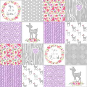 Fawn Cheater Quilt Top – You Are So Loved – Gray Lilac Lavender Deer Baby Girl Patchwork