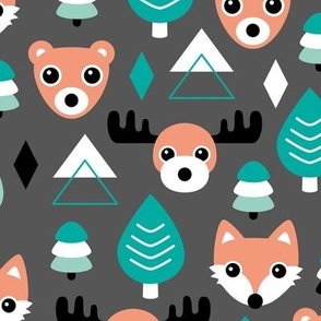 Geometric fox grizzly bear moose and wolf pine tree illustration winter woodland pattern black green copper
