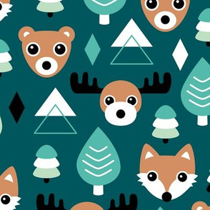 Geometric fox grizzly bear moose and wolf pine tree illustration winter woodland pattern black teal green copper
