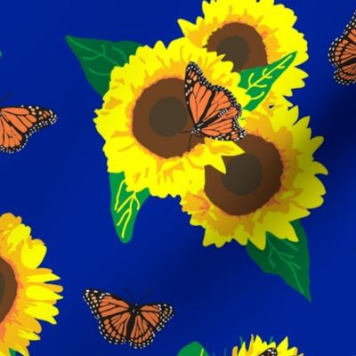 Sunflowers and Monarch Butterflies ~ Blue