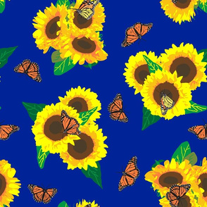 Sunflowers and Monarch Butterflies ~ Blue