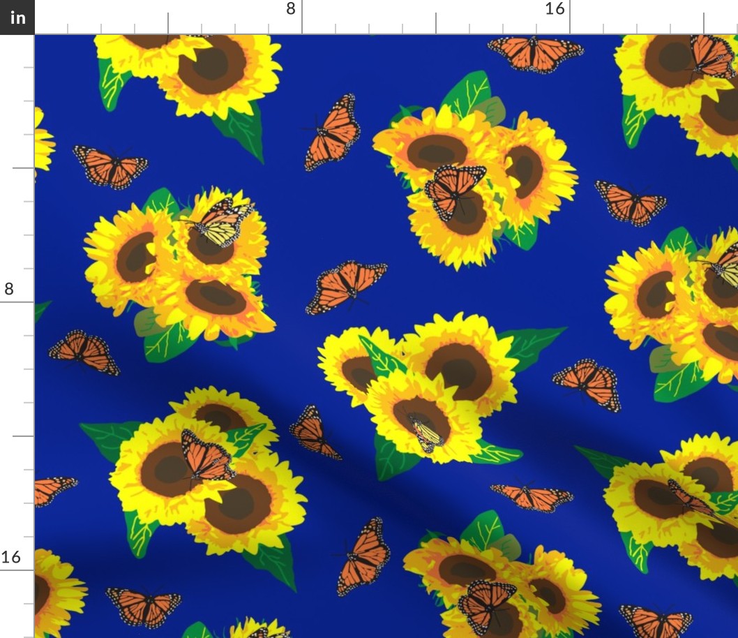 Sunflowers and Monarch Butterflies ~ Blue