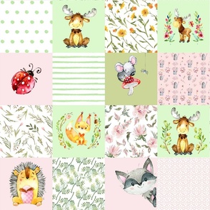 18" Woodland Friends - Little flowers and wild Animals Patchwork - baby girls quilt cheater quilt fabric - forest animals flower fabric, baby fabric, cheater quilt fabric 