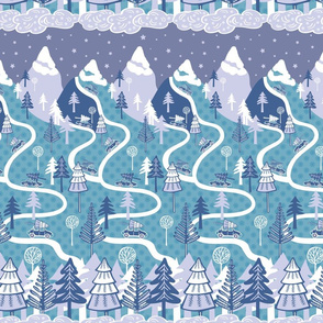 Christmas Woodland with cars and fir trees blue