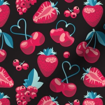 Small scale // Cherries, berries and strawberries // black background red fruits