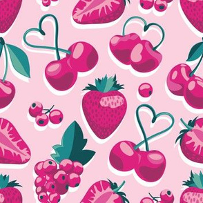 Small scale // Cherries, berries and strawberries // pastel pink background pink fruits