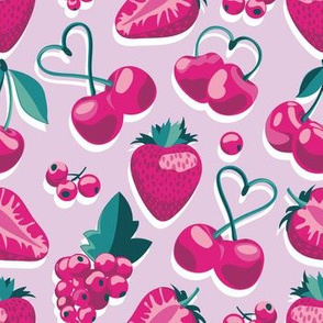 Small scale // Cherries, berries and strawberries // violet background pink fruits