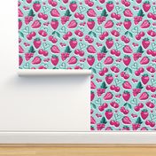 Small scale // Cherries, berries and strawberries // aqua background pink fruits