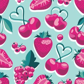 Small scale // Cherries, berries and strawberries // aqua background pink fruits