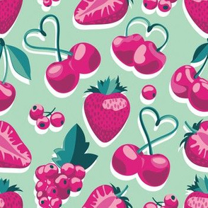 Small scale // Cherries, berries and strawberries // green background pink fruits