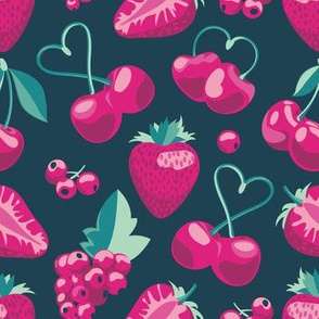 Small scale // Cherries, berries and strawberries // blue background pink fruits