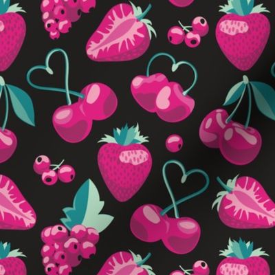 Small scale // Cherries, berries and strawberries // black background pink fruits