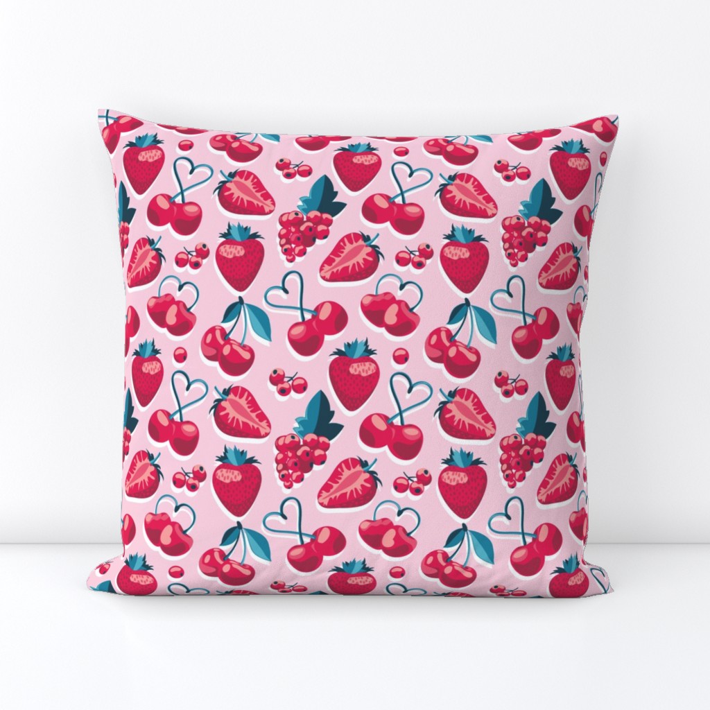 Small scale // Cherries, berries and strawberries // pink background red fruits