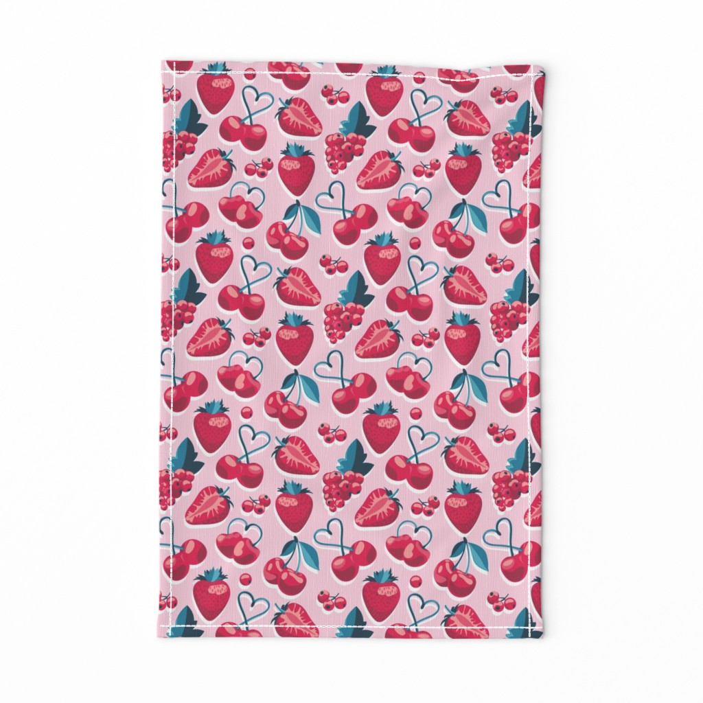 Small scale // Cherries, berries and strawberries // pink background red fruits