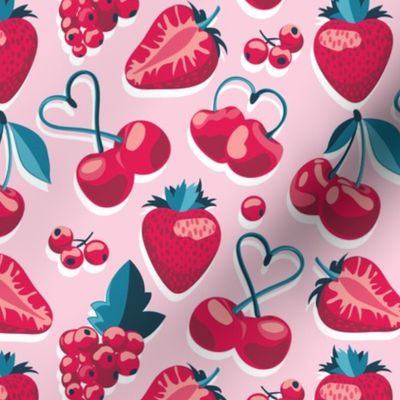 Small scale // Cherries, berries and strawberries // pink background red fruits