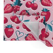 Small scale // Cherries, berries and strawberries // pink background red fruits