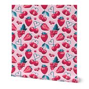 Small scale // Cherries, berries and strawberries // pink background red fruits