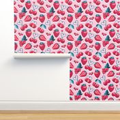 Small scale // Cherries, berries and strawberries // pink background red fruits