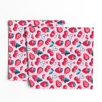 Small scale // Cherries, berries and strawberries // pink background red fruits