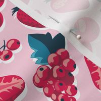 Small scale // Cherries, berries and strawberries // pink background red fruits