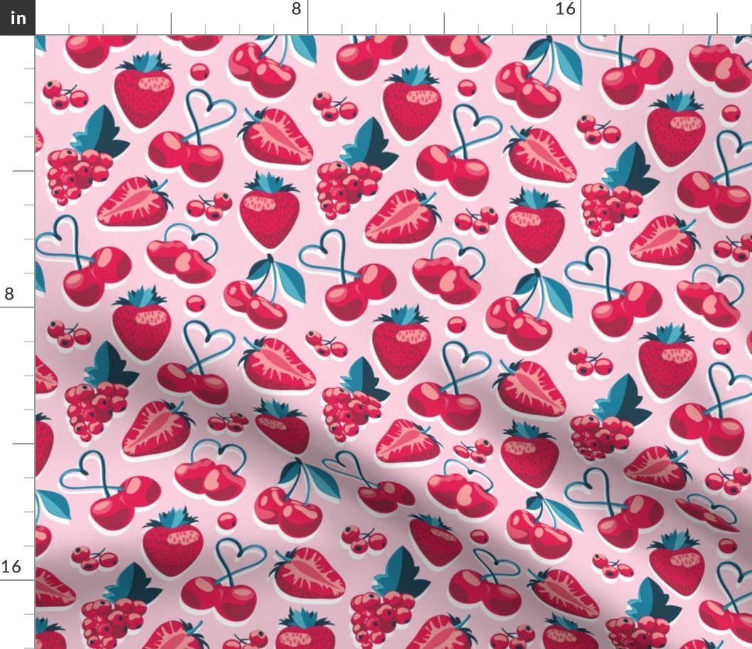 Small scale // Cherries, berries and strawberries // pink background red fruits