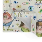 two quirky cute roly poly cyclops and some eyes, large scale, off-white cream soft-white natural