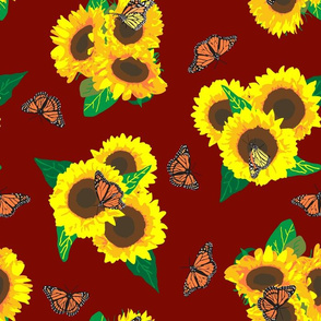 Sunflowers and Monarch Butterflies ~ Red