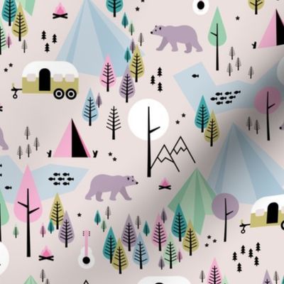 Summer camping grizzly bear in the woods and caravan happy camper mountains wilderness girls pastels