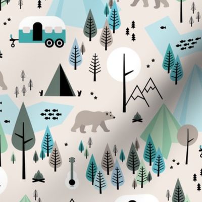 Summer camping grizzly bear in the woods and caravan happy camper mountains wilderness boys blue