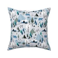 Summer camping grizzly bear in the woods and caravan happy camper mountains wilderness winter blue boys