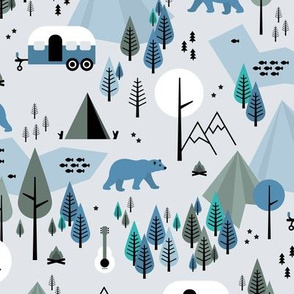 Summer camping grizzly bear in the woods and caravan happy camper mountains wilderness winter blue boys