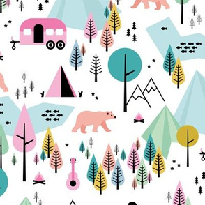 Summer camping grizzly bear in the woods and caravan happy camper mountains wilderness white pink blue