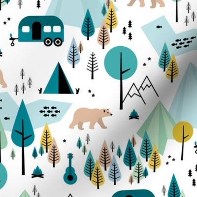 Summer camping grizzly bear in the woods and caravan happy camper mountains wilderness white boys blue green