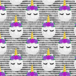 Unicorn Pumpkins - cute halloween - grey stripes (purple flowers) - LAD19