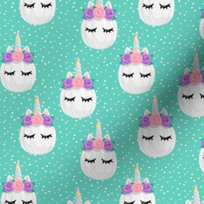 Unicorn Pumpkins - cute halloween - teal polka dots - LAD19