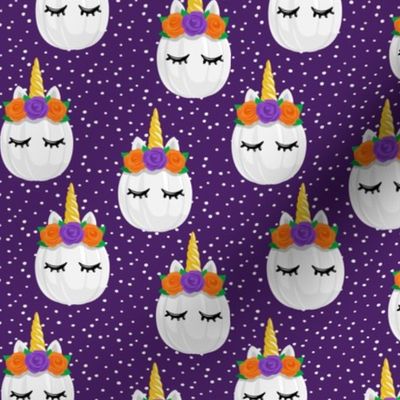 Unicorn Pumpkins - cute halloween - dark purple polka dots - LAD19