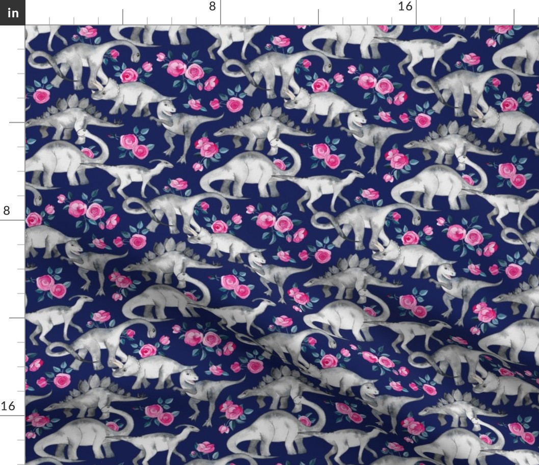 Small Dinosaurs and Roses on Dark Blue Purple