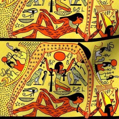 ancient egypt egyptian gods goddesses hieroglyphics world creation beginning Nut mother sky Seb husband wife earth Shu Wind Air eye horus Ankh stars Maat heaven boats yellow orange tribal birds falcon pharaoh kings crown