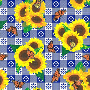 Sunflowers and Monarch Butterflies Gingham ~ Blue