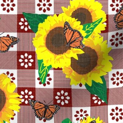 Sunflowers and Monarch Butterflies Gingham ~ Red