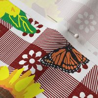 Sunflowers and Monarch Butterflies Gingham ~ Red