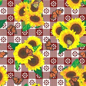 Sunflowers and Monarch Butterflies Gingham ~ Red