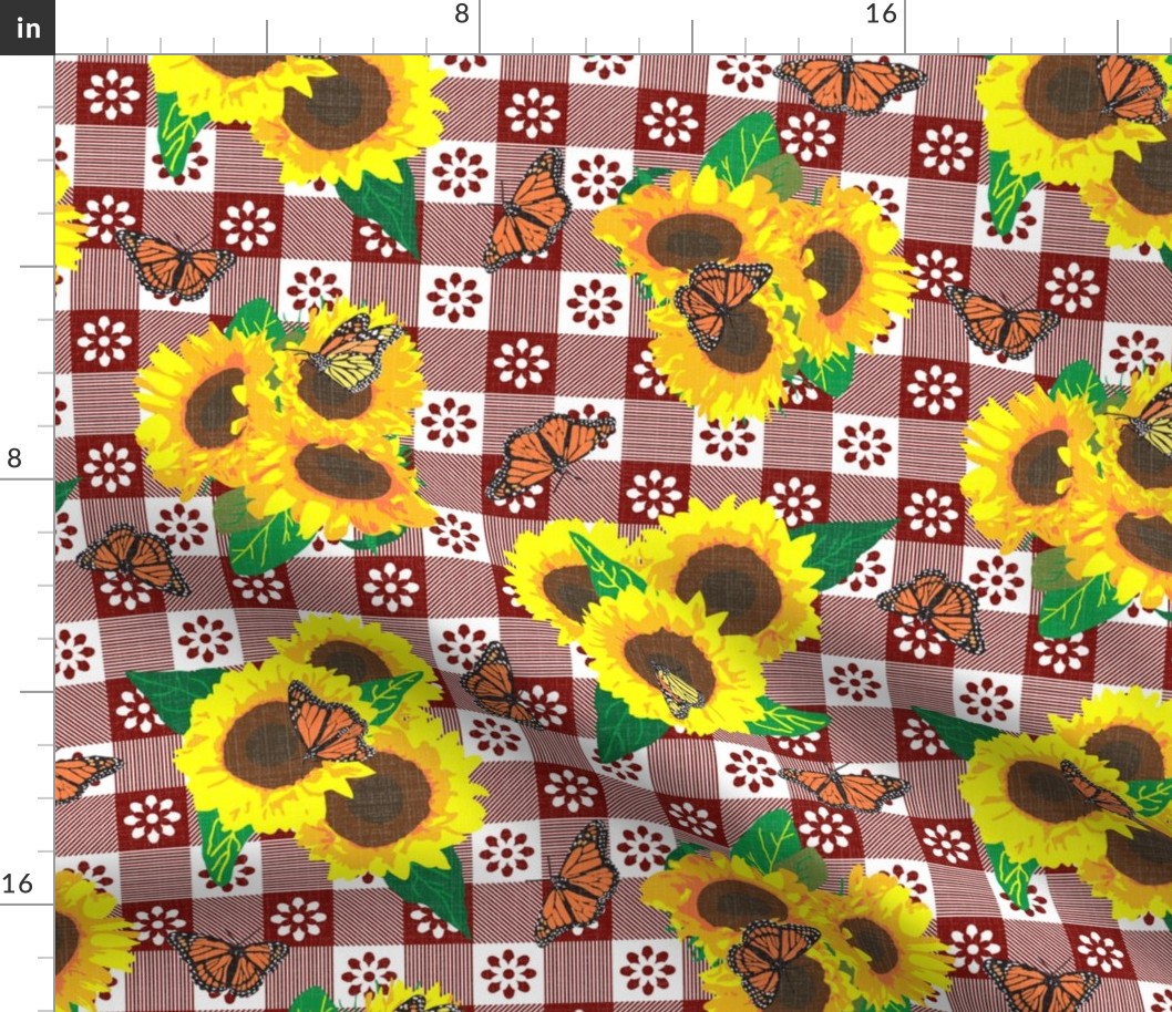 Sunflowers and Monarch Butterflies Gingham ~ Red