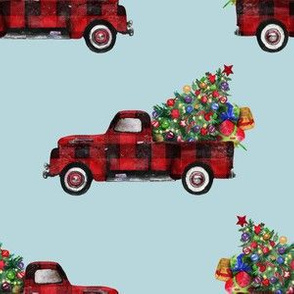 6" Vintage Woodland Red Truck and Christmas Tree // Light Blue