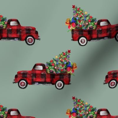 6" Vintage Woodland Red Truck and Christmas Tree // Pewter Green