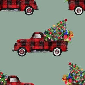 6" Vintage Woodland Red Truck and Christmas Tree // Pewter Green