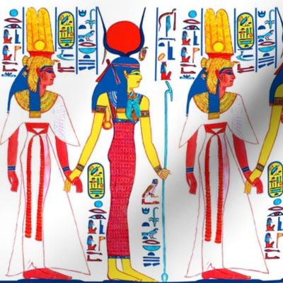 ancient egypt egyptian Queen Nefertari goddesses hieroglyphics Isis sun yellow red blue crowns royalty tribal women female