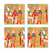 ancient egypt egyptian pharaoh gods goddesses kings hieroglyphics Osiris Hathor Horus Throne  Ankh colorful scarab beetle wings Athyr falcon bird yellow red green orange blue crowns offerings royalty tribal crook flail 