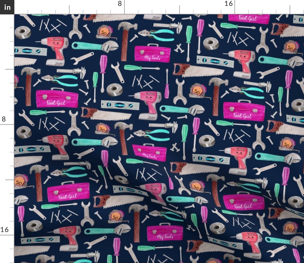Tool Girl (navy) pink green coral mint, Kids Room Bedding